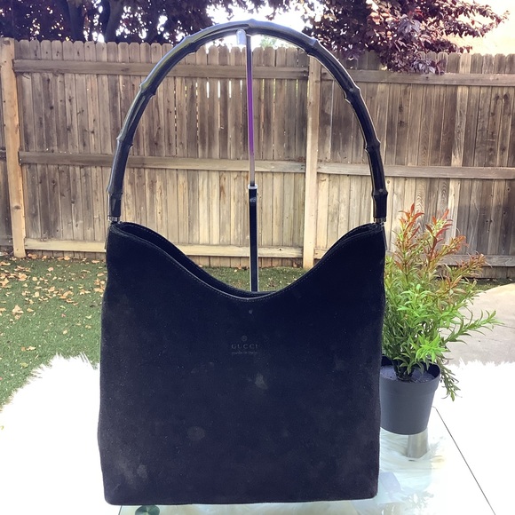 GUCCI Black Suede Bamboo Hobo - Picture 1 of 12